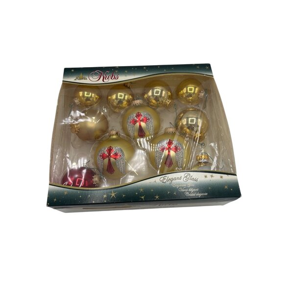 VTG Krebs Elegant Glass Christmas Ornaments Red Cross Wing Gold Set of 11 RARE - Picture 1 of 5